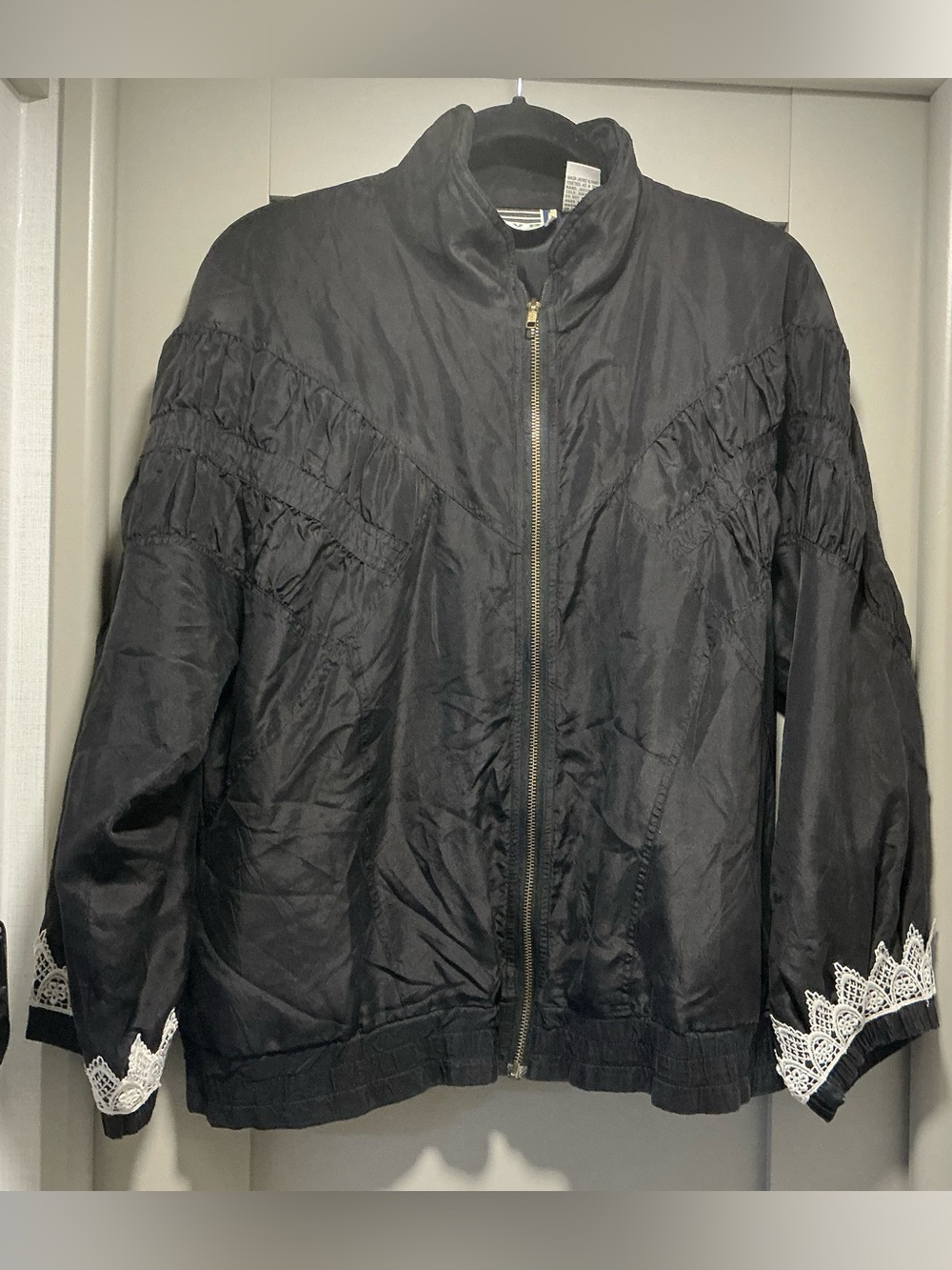 Black Bomber Jacket with Lace Trim